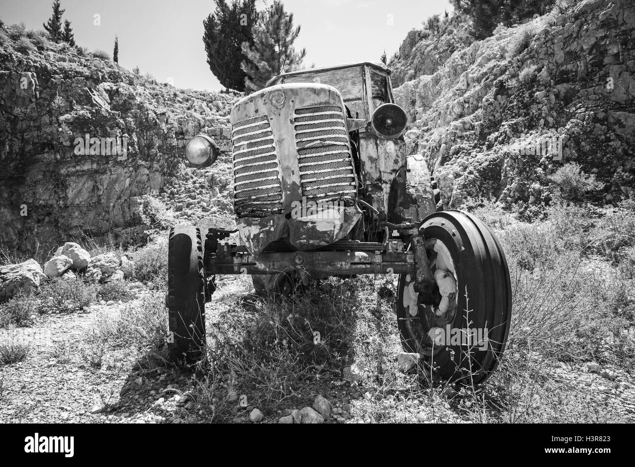 Vecchio arrugginito abbandonato il trattore si erge su erba secca, vista frontale. Foto in bianco e nero Foto Stock