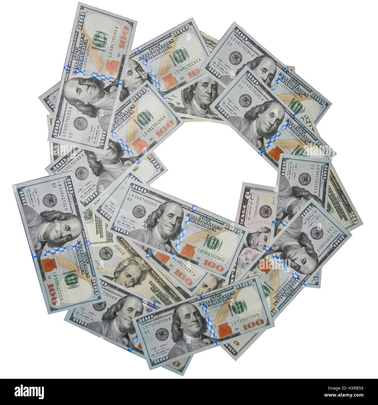 Pila 100 dollari USA su sfondo bianco Foto Stock