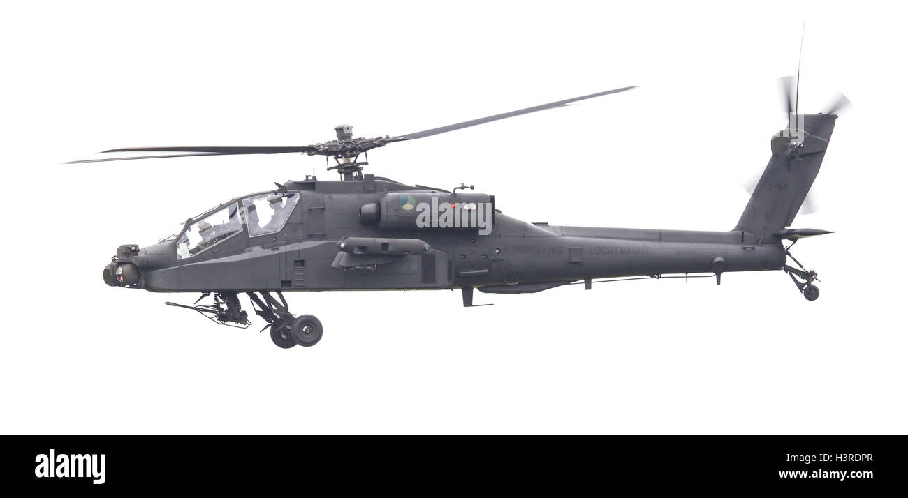 LEEUWARDEN, PAESI BASSI - giu 11, 2016: Boeing AH-64 attacco Apache elicottero volando una demo durante il Royal Netherlands Air Foto Stock
