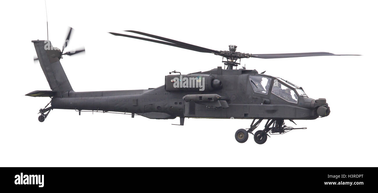 LEEUWARDEN, PAESI BASSI - giu 11, 2016: Boeing AH-64 attacco Apache elicottero volando una demo durante il Royal Netherlands Air Foto Stock