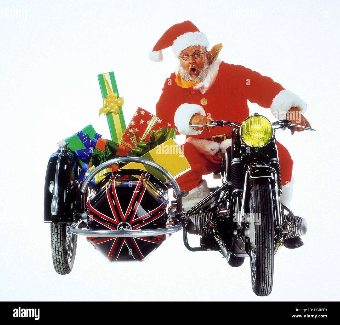 Santa Claus, moto, auto laterale presenta, per consegnare il Natale, distribuzione presenta, Santa, di guida di una motocicletta, sidecar, regali di Natale, offrire trasporti, gioco del viso, paura, studio, tagliate Foto Stock