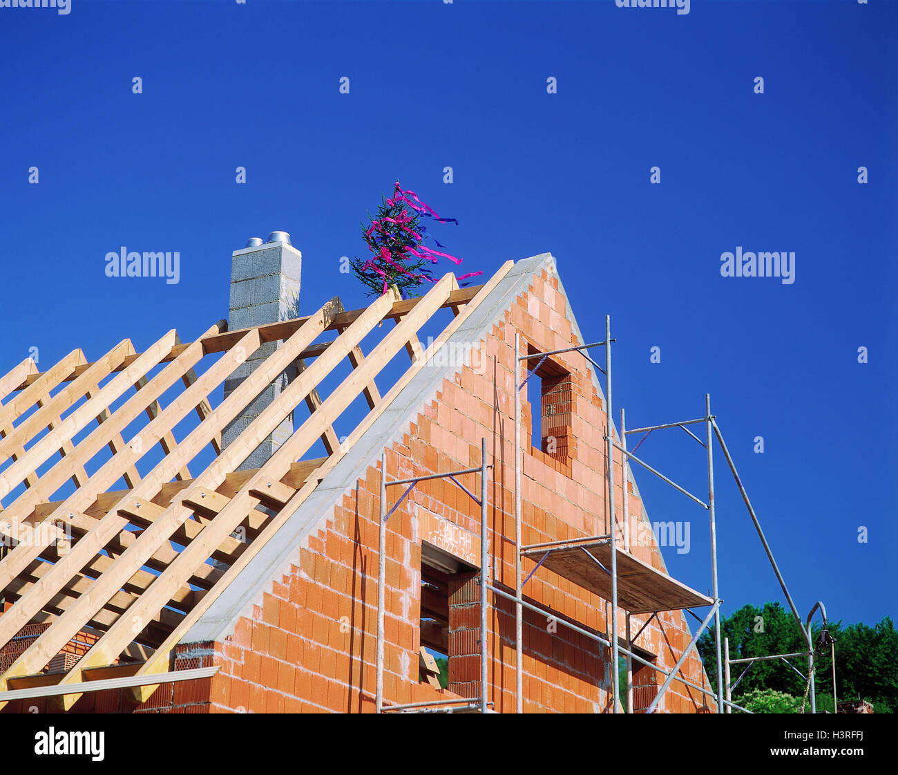 Costruzione di una casa, dettaglio topping-out cerimonia, fuori, shell, edificio, house, costruzione, creazione Richtbaum, futuro, proprio home, completamento, ponteggi, impalcature Foto Stock