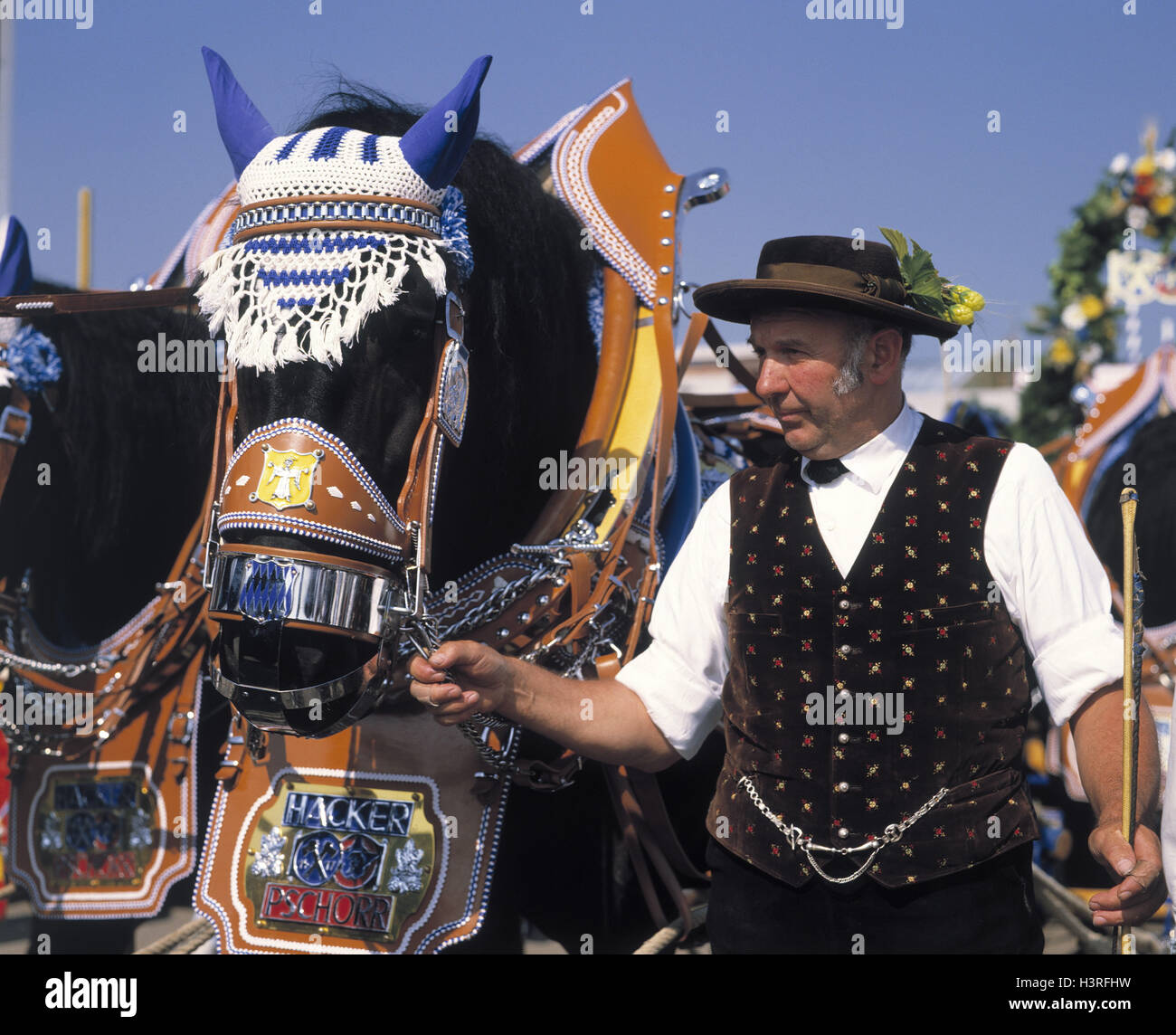 Germania - Monaco, Oktoberfest, processione del Cavallo, guida al di fuori, Baviera, uomo, costume nazionale, tradizione, tradizionalmente, a cavallo e in carrozza a cavallo, gioielli, decorata, carrozze, festa, festa pubblica, equo, Foto Stock