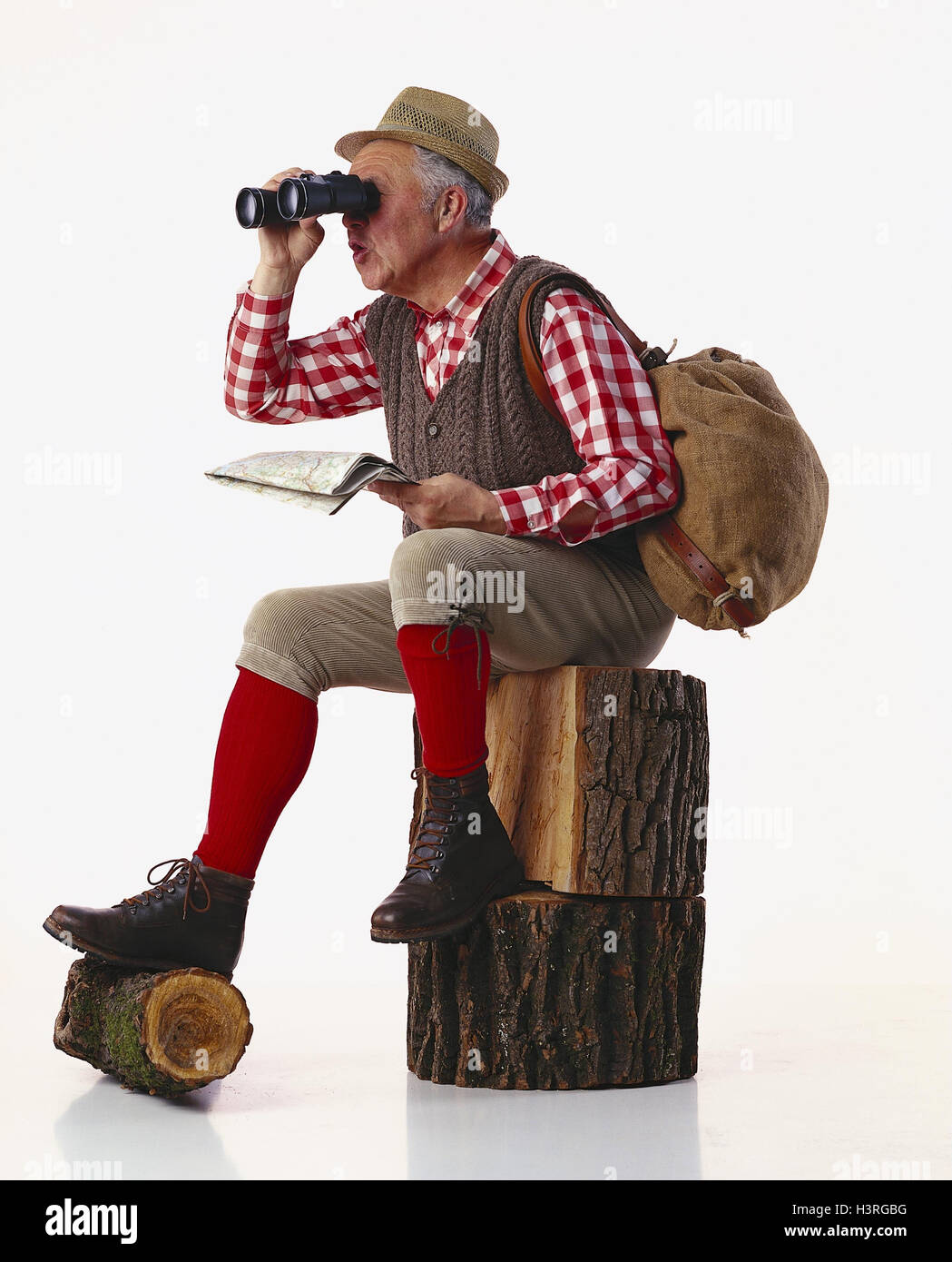 Man (alpinista), binocolo, tronchi, studio mb 142 A9 Foto Stock