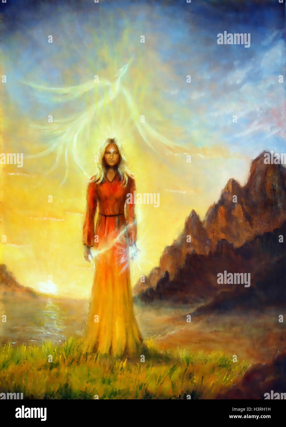 Un incantevole sacerdotessa mistico con una spada di Luce e Phoenix Bird,  effetto grafico Foto stock - Alamy