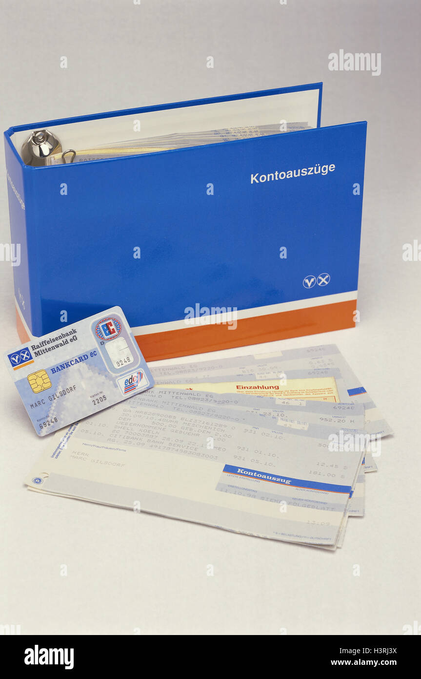 Cartella, estratti conto bancari, EC-card, estratto conto bancario, istruzione di banca, banca, operazioni bancarie, voucher, del credito, Eurocheque, una carta di credito e di mezzi di pagamento, mediante trasferimento, finanze, studio, still life, il materiale di registrazione, il segreto bancario, conto di monitoraggio, la divulgazione, l'obbligo di informazioni, "di vetro conoscenza", Foto Stock