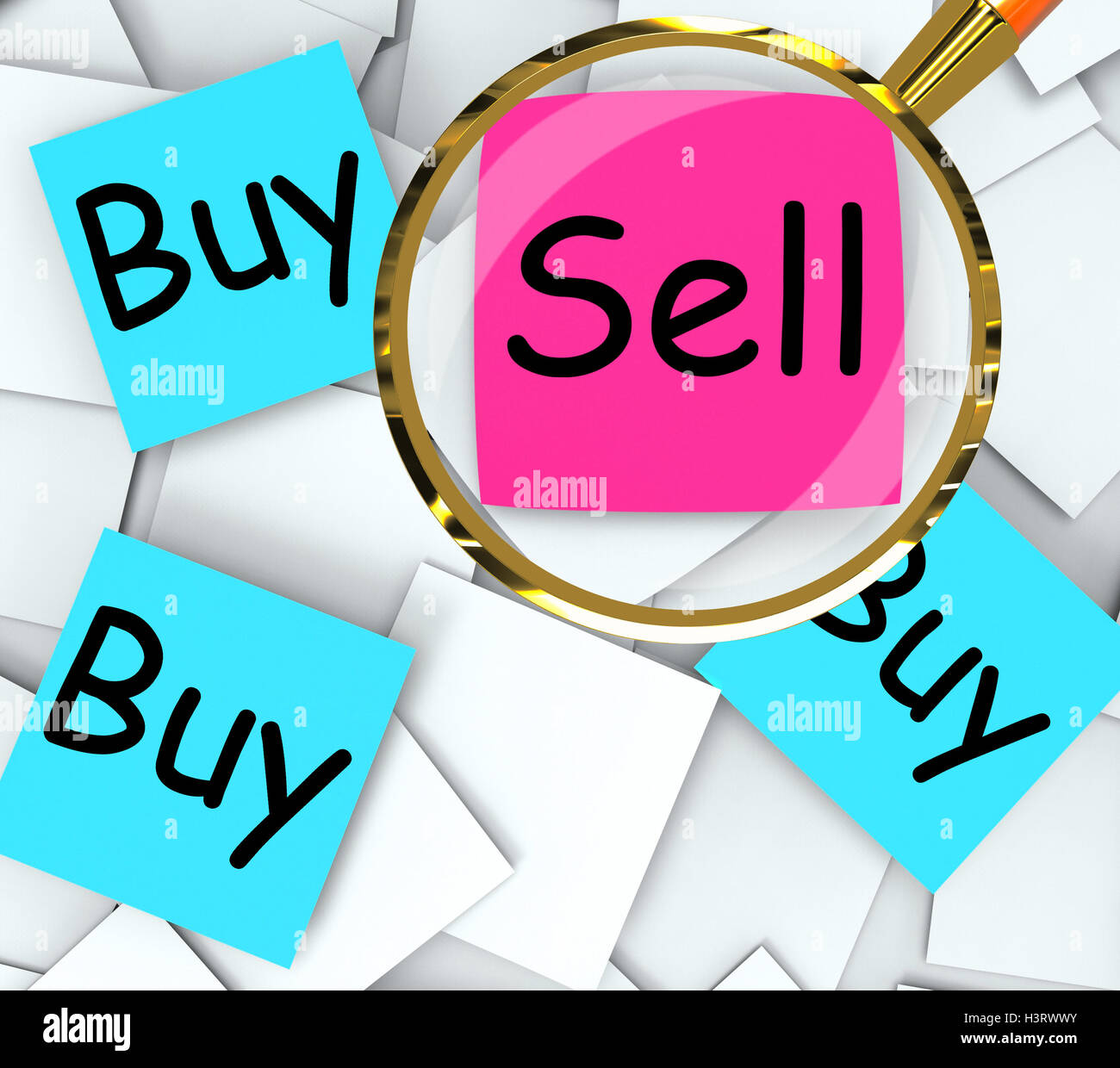 Compra vendita di carte Post-It significa venditori e consumatori Foto Stock