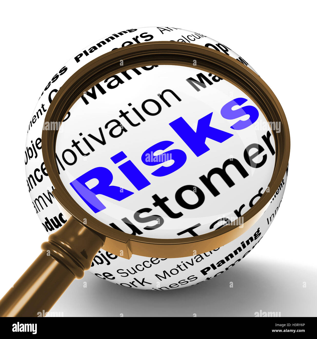 Lente di ingrandimento di rischi definizione mostra insicurezza e rischi finanziari Foto Stock