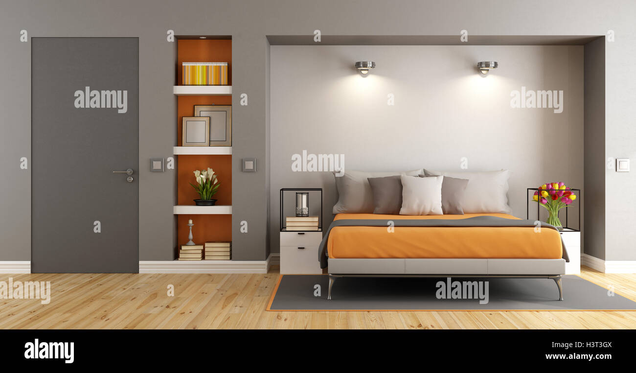 Contemporanea la camera da letto principale con letto matrimoniale,nicchia  e porta chiusa - 3d rendering Foto stock - Alamy