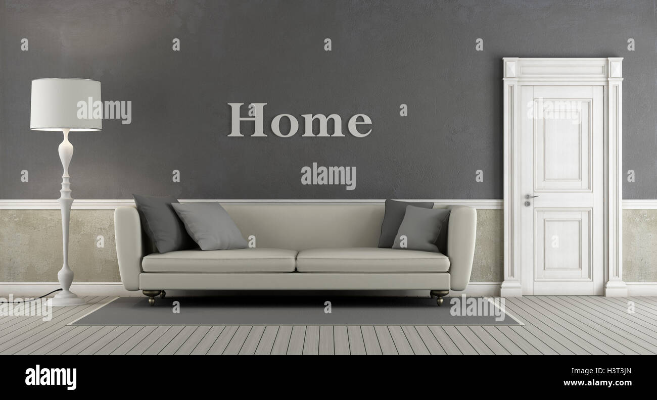 Vintage grigio soggiorno con porta chiusa ed elegante divano - 3d rendering Foto Stock