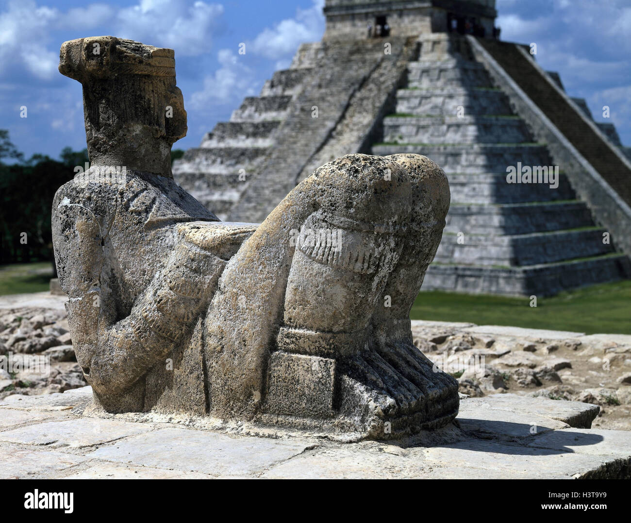 Messico, Yucatan, Chichen Itza, Chac-Mool-statua, cucchiaio Castillo, Maya, Rovine site, tempio, Tempio di piante, rimane, luogo di interesse, figura sacrificale, statua, cultura, impianto di piramide, piramide di Kukulcan, struttura, architettura, 365 passi, rovina sit Foto Stock