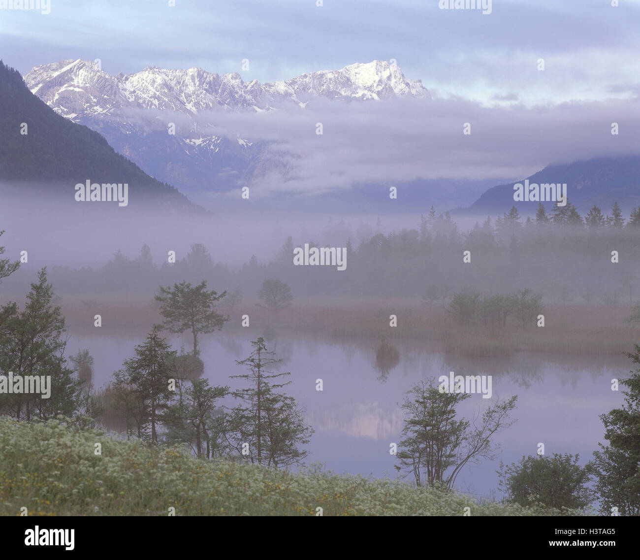 In Germania, in Baviera, lago, regione montagnosa, nebbia mattutina, Europa, Sud della Germania, natura, paesaggi, paesaggi di mare, montagne, montagne, foggy, nebbia, lago di montagna, mattina Foto Stock