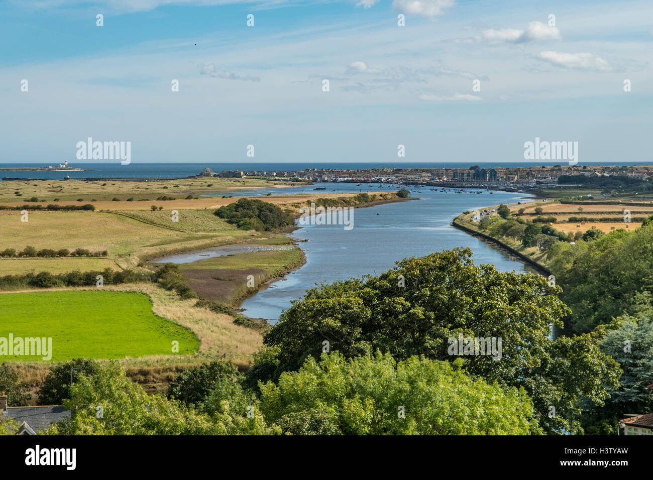 Fiume Coquet dal castello di Warkworth, Northumberland, Inghilterra Foto Stock