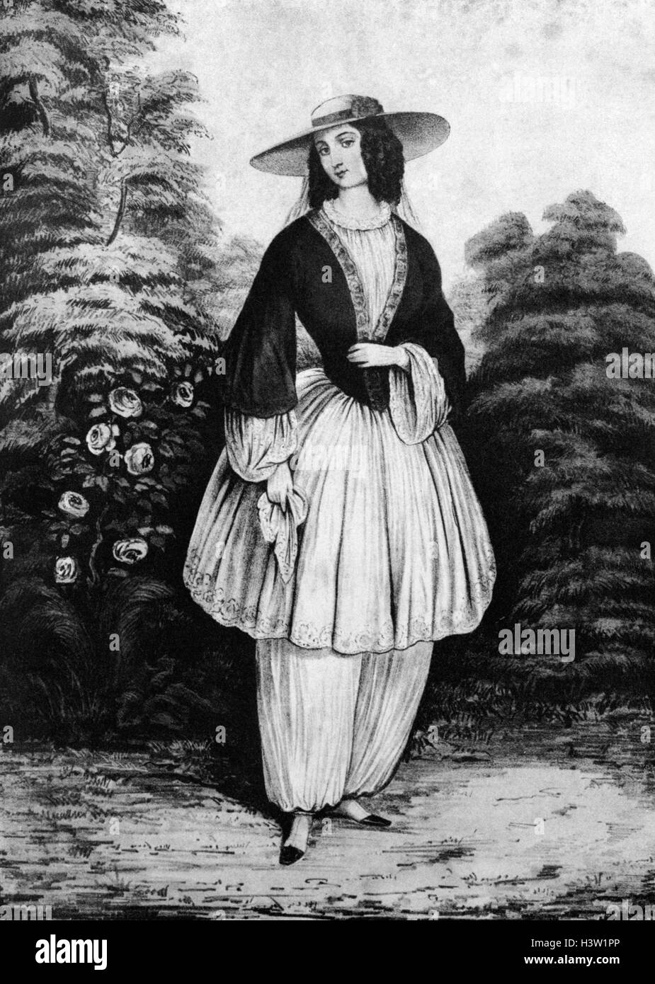 1850s donna che indossa il costume di BLOOMER MODO DI VESTIRE TURCO DI PANTALOONS resa popolare da AMELIA BLOOMER Foto Stock