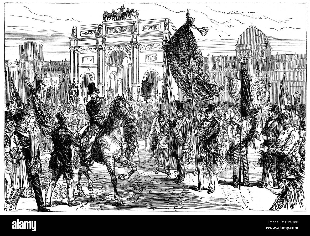 Massoni erano responsabili per l'ultimo grave tentativo di conciliazione tra Versailles e la Comune di Parigi il 21 aprile 1871. Pochi giorni dopo la riunione Adolphe Thiers, hanno deciso, in una riunione pubblica, per piantare il loro banner sui bastioni e gettare la loro partita con il Comune. Sul 29th, di conseguenza, 10.000 dei fratelli incontrati e hanno marciato per l'Hôtel de Ville, capeggiata dal Grand Masters in piena insegne e striscioni del lodge Foto Stock