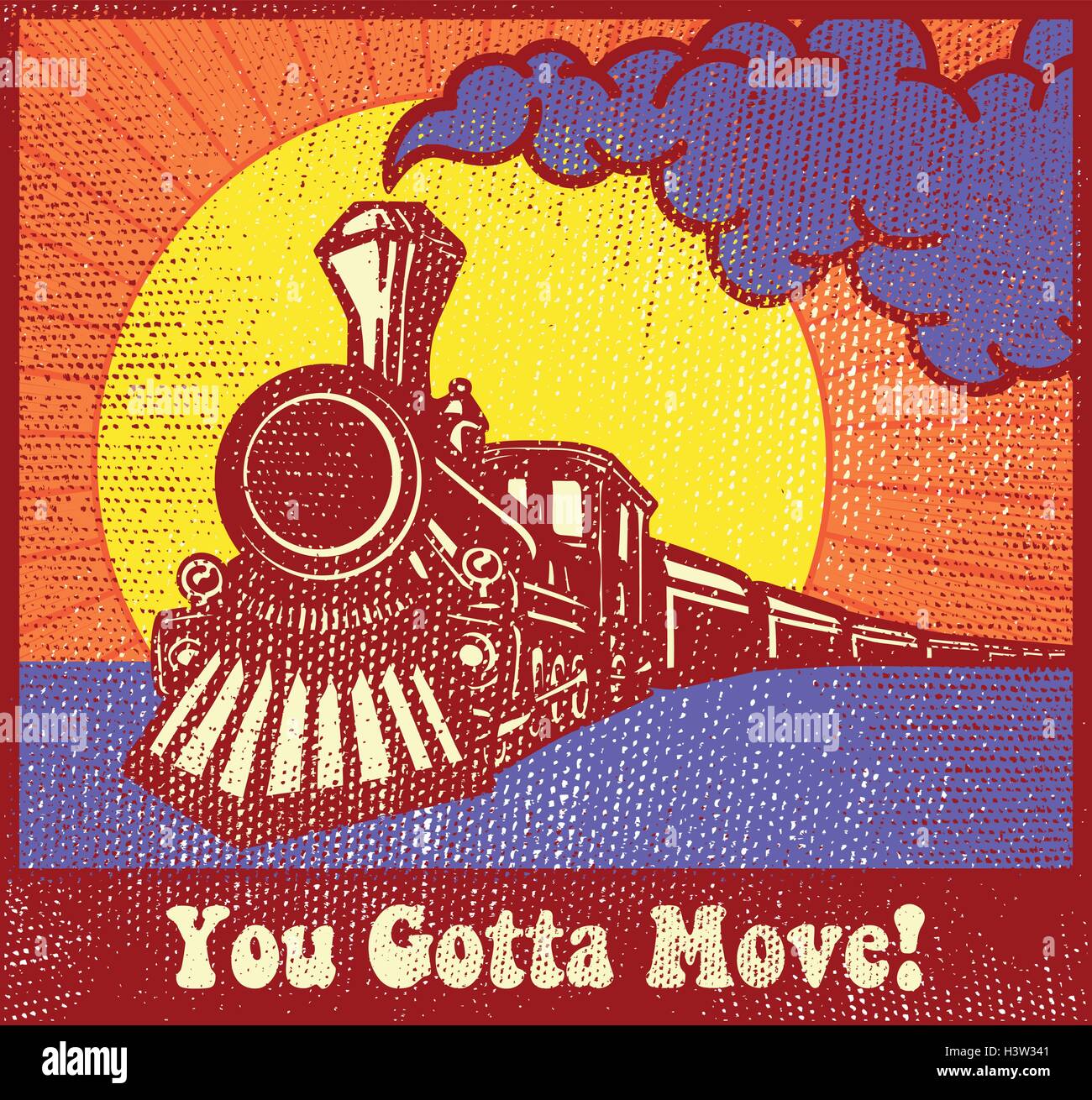 Tutti a bordo e cerchiamo di ottenere perso! Retrò puffing treno a vapore motore al tramonto, treno express Illustrazione Vettoriale