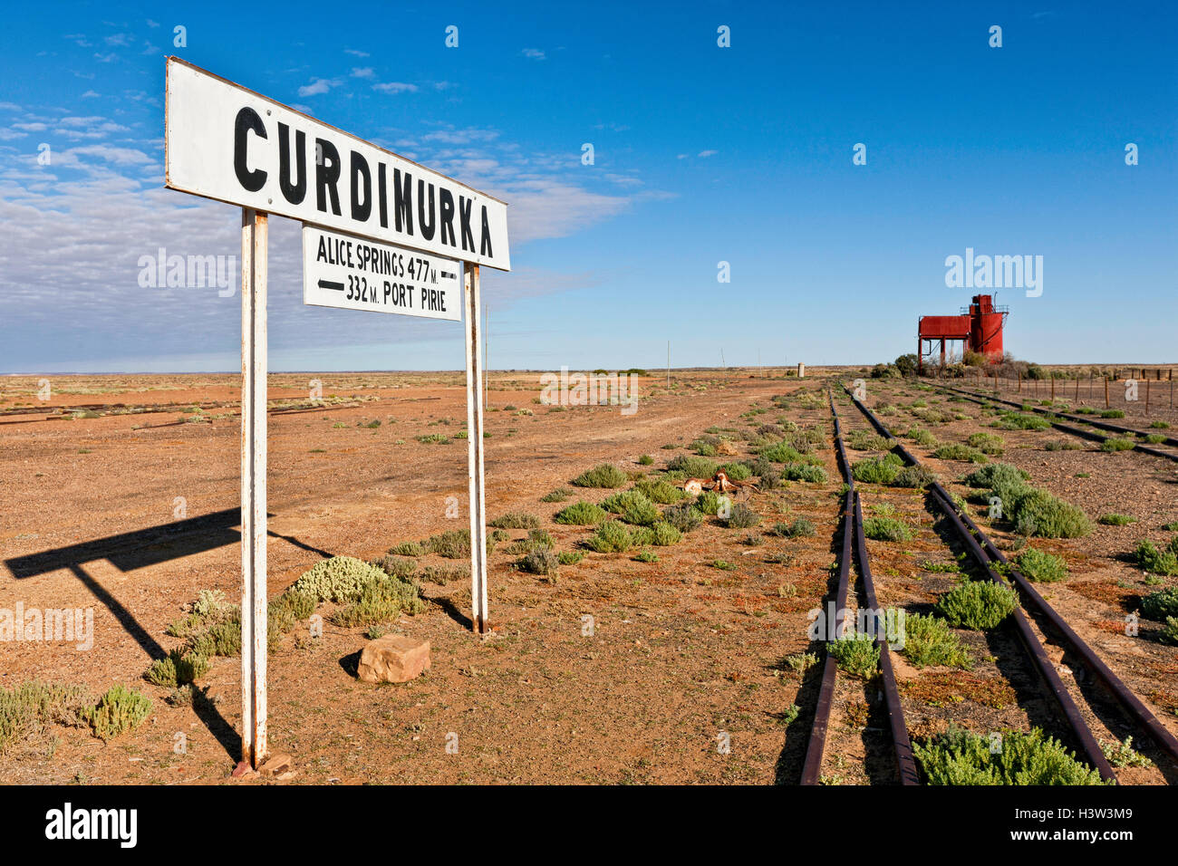 Sito di ora in disuso schierandosi rampa di Curdimurka, parte del vecchio treno Ghan linea ferroviaria. Foto Stock