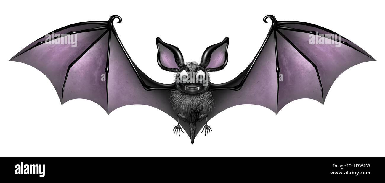 Bat isolato su uno sfondo bianco come un inquietante e carino battenti palmati sorridente alato di mammifero come un vampiro spooky simbolo di orrore o Festa di halloween icona con 3D'illustrazione degli elementi. Foto Stock