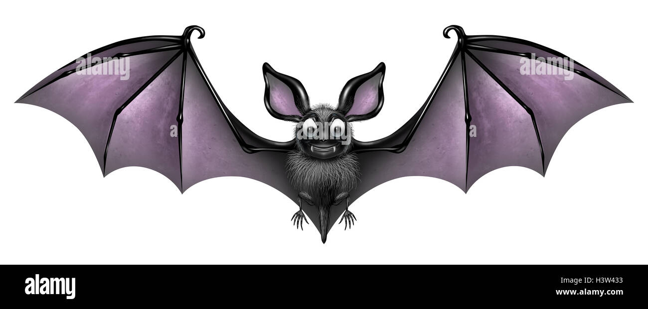 Bat isolato su uno sfondo bianco come un inquietante e carino battenti palmati sorridente alato di mammifero come un vampiro spooky simbolo di orrore o Festa di halloween icona con 3D'illustrazione degli elementi. Foto Stock