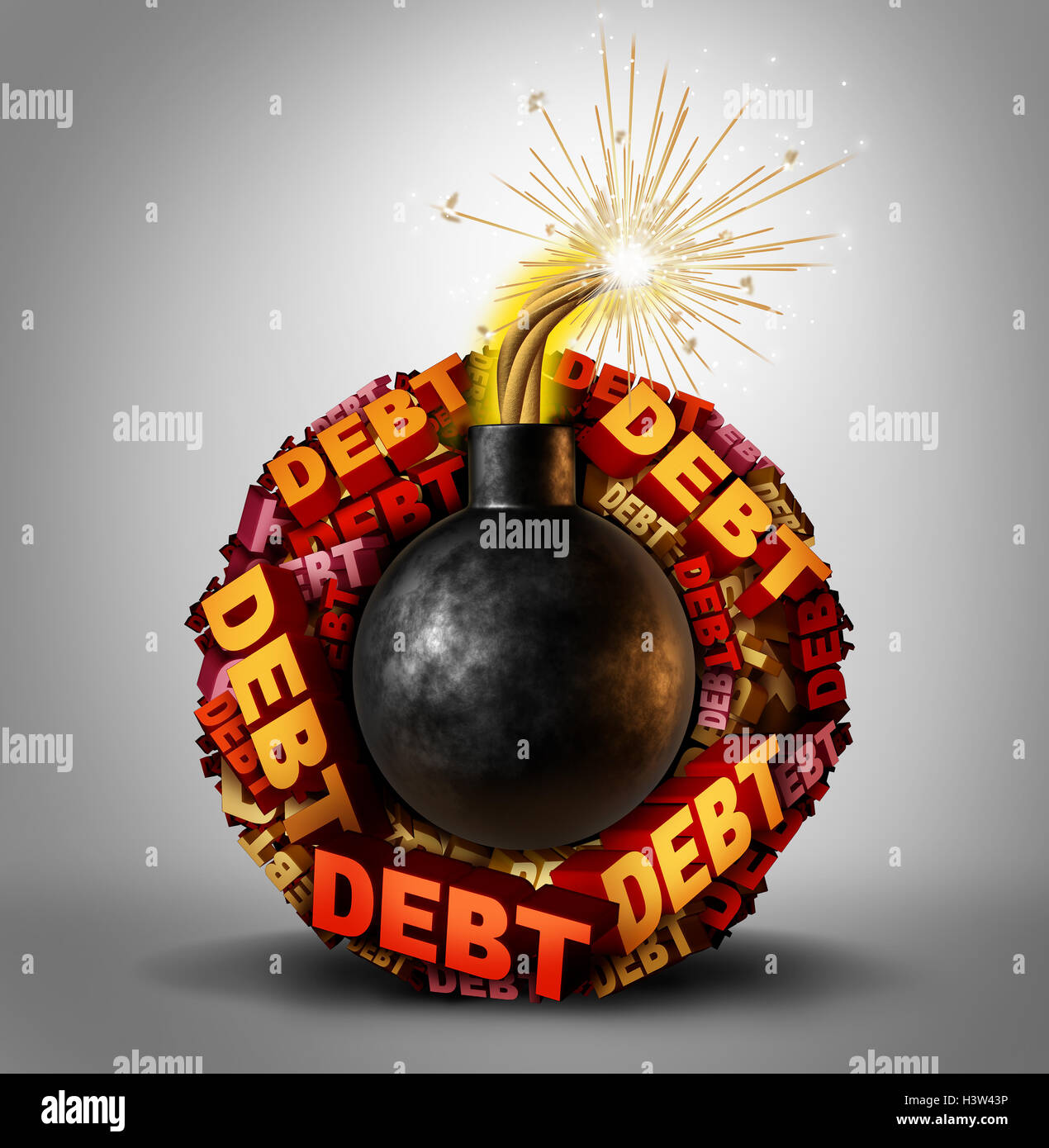 Bomba di debito Affari e finanza nozione come un esplosivo accesa la dinamite oggetto con un gruppo di testo intorno ad esso che rappresentano passività pericolose e termine finanziario stress e vulnerabilità come 3D'illustrazione. Foto Stock