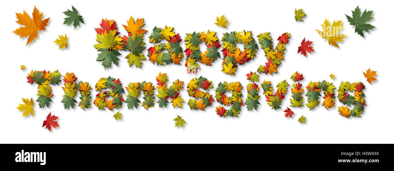 Felice ringraziamento autunno testo su uno sfondo bianco come un raccolto autunnale con il simbolo a forma di foglie come tipo come una vacanza stagionale messaggio in un 3D illustrazione dello stile. Foto Stock