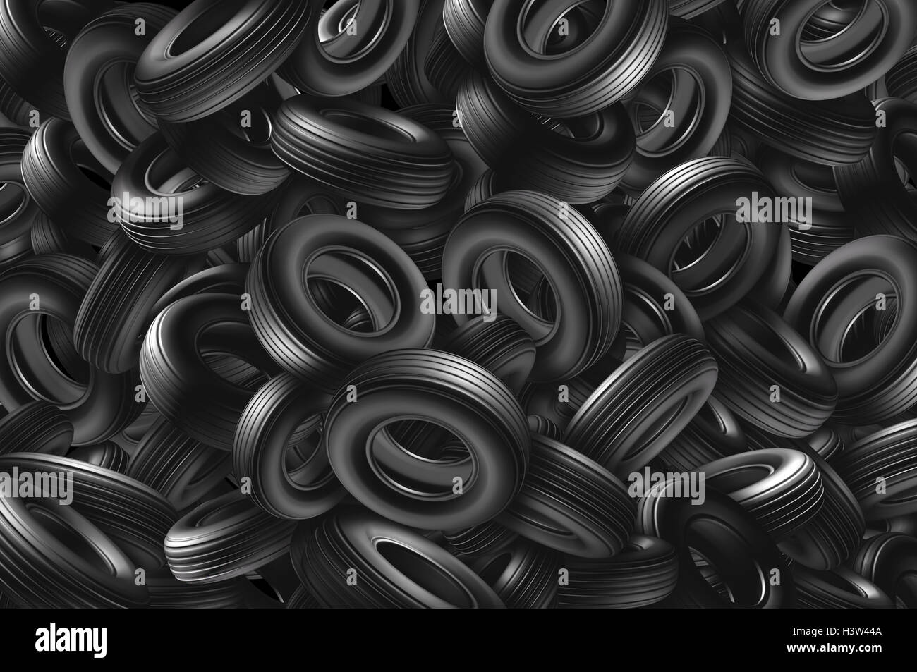 Pneumatico come sfondo di una pila e mucchio di gomma delle ruote per autoveicoli in una discarica che rappresenta il trasporto di attrezzature e parti di automobili o di gestione dei rifiuti come 3D'illustrazione. Foto Stock