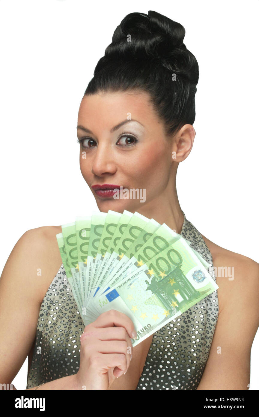 Donna, elegantemente, banconote, gioco del viso, ritratto, denaro, euro, banconote, diversificati e di attesa, 100 euro banconote, 1000 euro, profitto, gioia Foto Stock