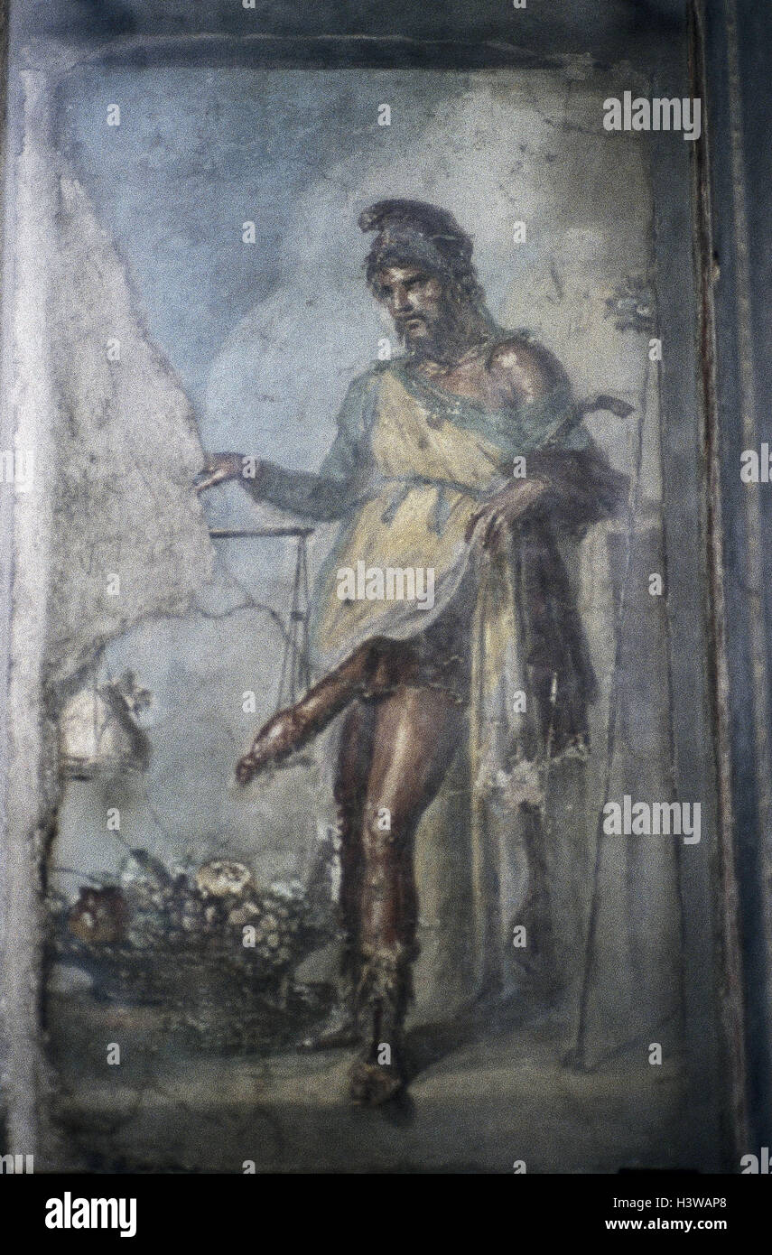 L'Italia, Pompei, affresco, provincia di Napoli, Pompei, pellegrinaggio, rovina città, rovina sito, appoggia, sito di scavo, archeologia, storia, luogo di interesse, cultura, arte, pittura, pittura murale, pittura murale, pittura, dio Priapo Foto Stock
