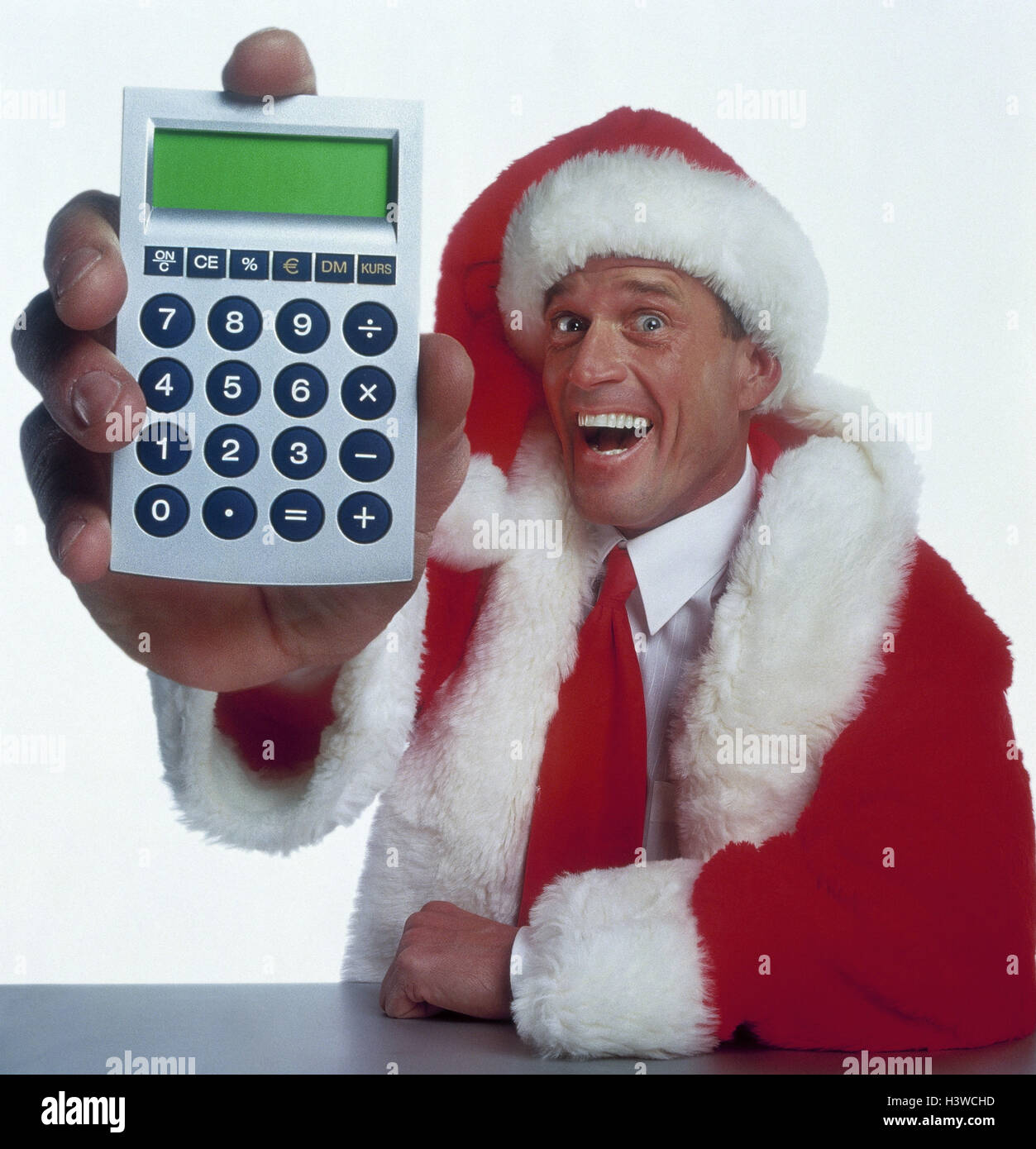 Santa Claus, calcolatore elettronico, il gesto, gioia, metà ritratto, studio, tagliate, Natale, Natale, Babbo Natale, Santa, calcolare la somma, risultato, piacevolmente, lieti, icona, indennità di Natale, bonus di Natale Foto Stock