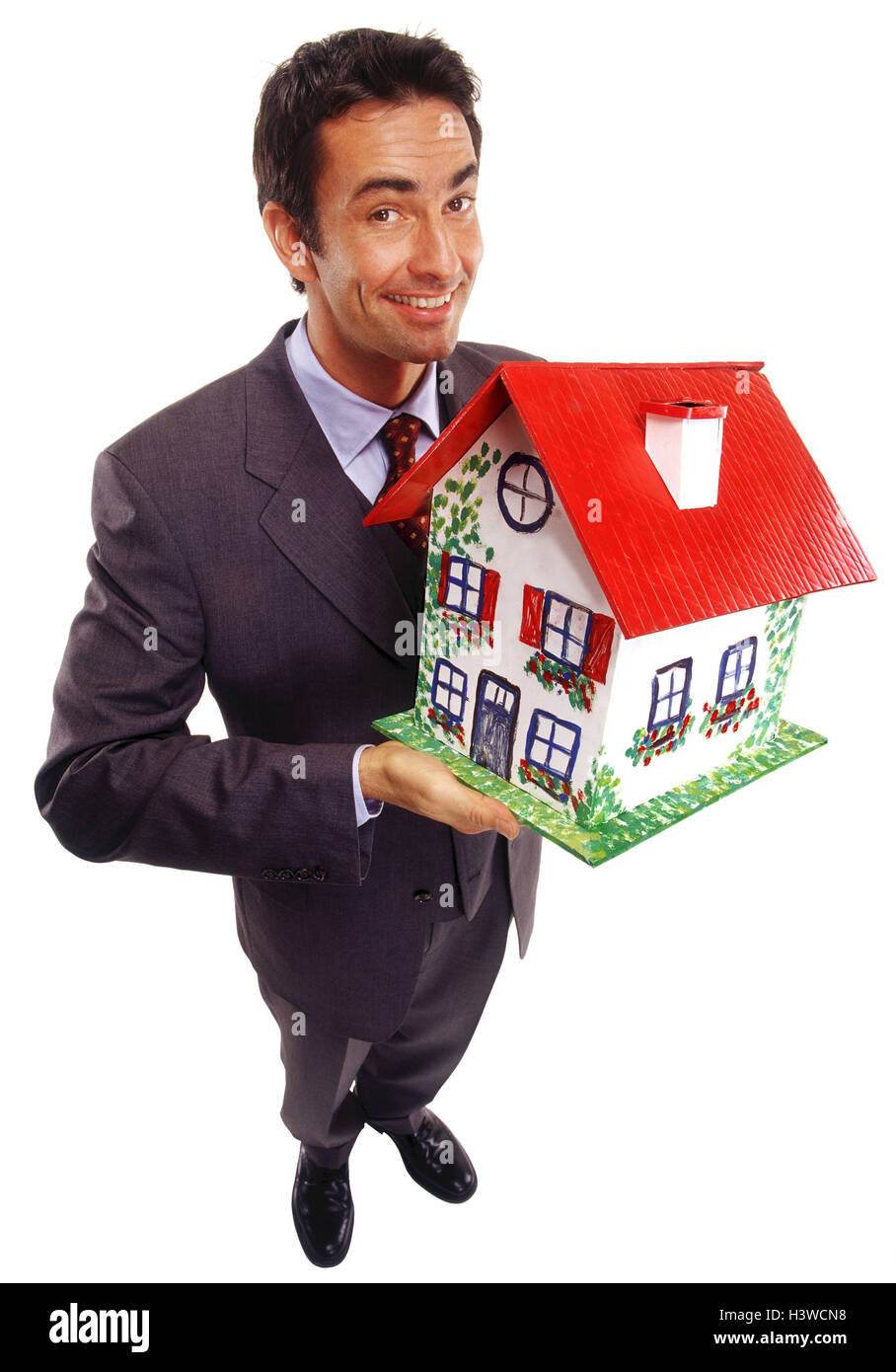 L'uomo, suit, casa modello, gioia agli uomini, imprenditore, manager, studio, tagliate, dal di sopra, modello, casa, casa propria, futuro, la pianificazione futura, real estate, la costruzione di una casa, si prega di Foto Stock