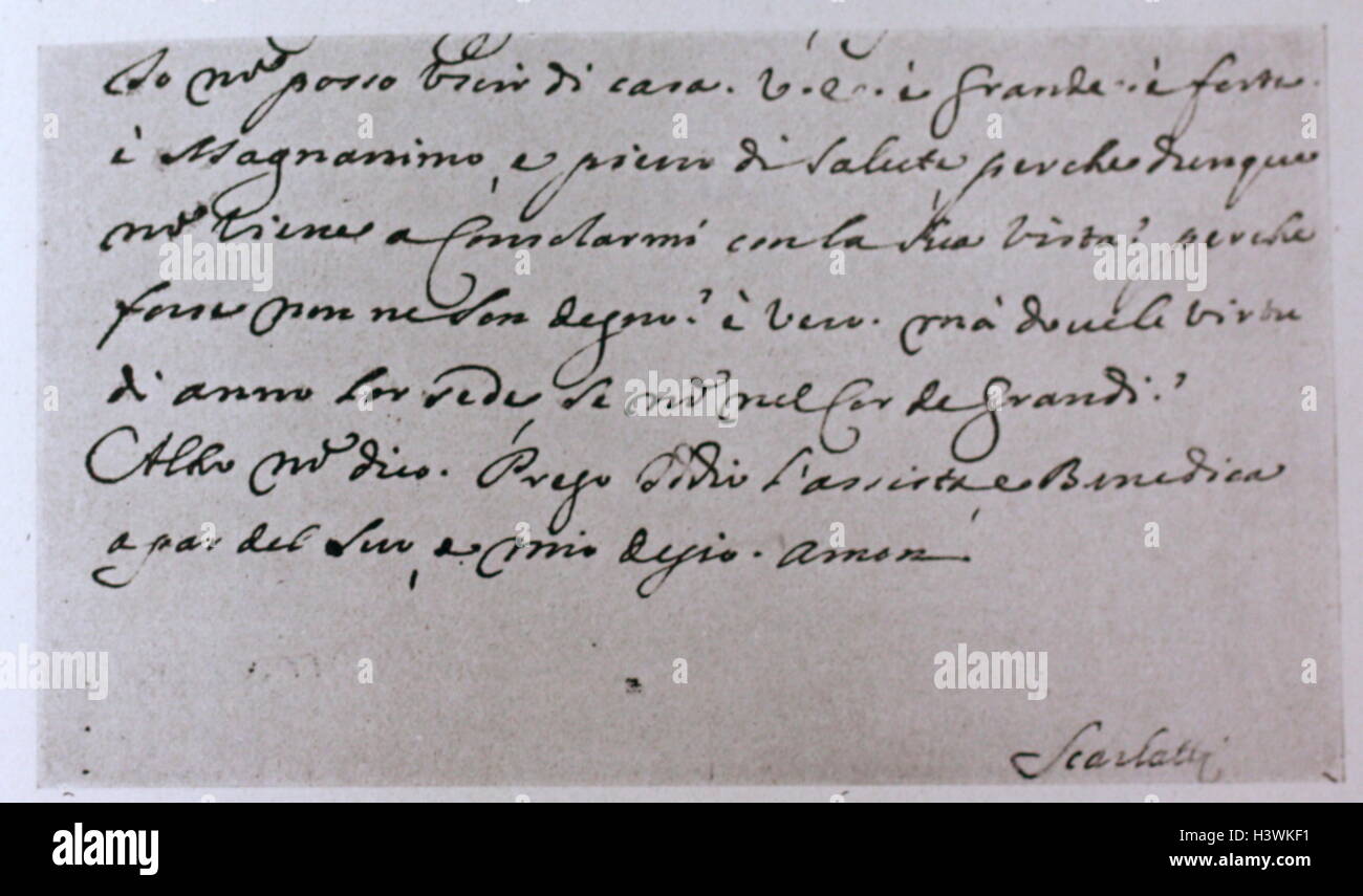 Alla fine di una lettera autografa indirizzata al Duca di Alba XII di Domenico Scarlatti (1685-1757) un italiano compositore barocco. Datata xviii secolo Foto Stock