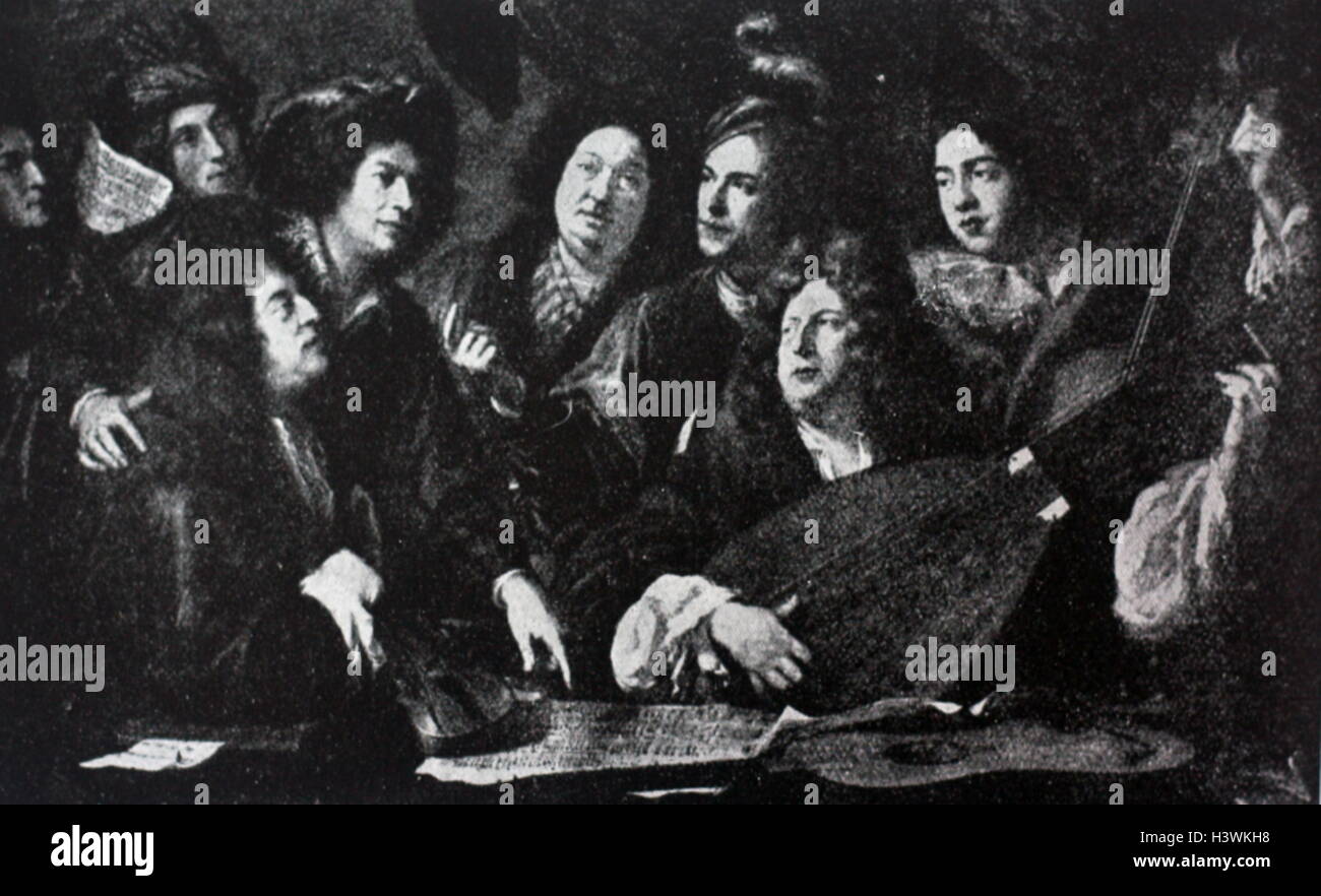Scena raffigurante un gruppo di camera di musicisti e cantanti di corte di Luigi XIV da François Puget (1651-1707) un pittore barocco francese. Risalenti al XVII secolo Foto Stock