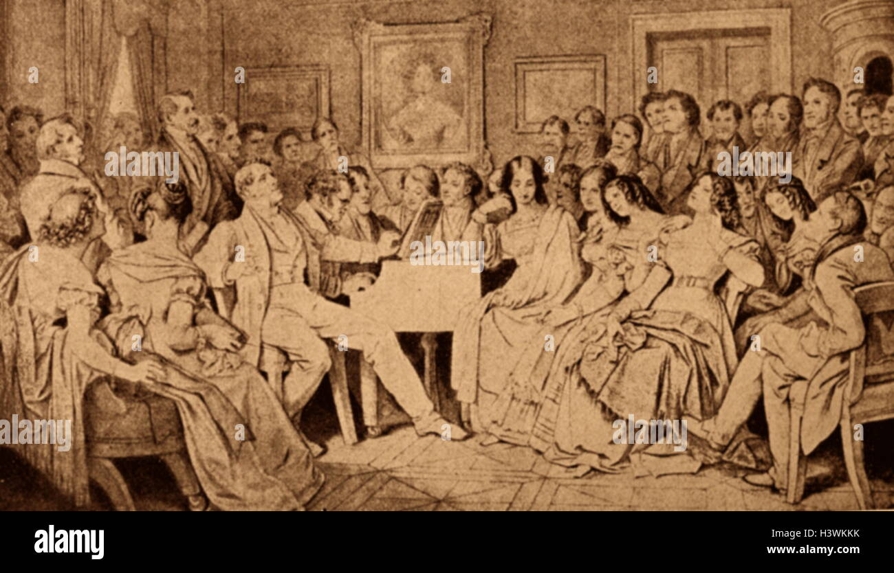 Stampa raffigurante Franz Schubert (1797-1828) un compositore austriaco, suonare il pianoforte in un incontro presso la casa di Joseph von Spaun (1788-1865) Un nobile austriaco. Datata del XIX secolo Foto Stock