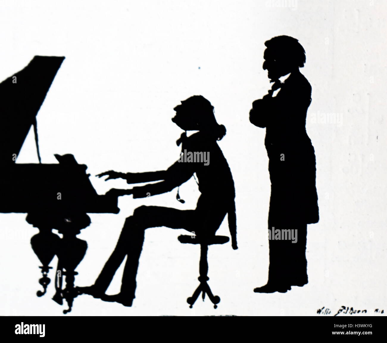 Silhouette di Franz Liszt (1811-1886), compositore ungherese, virtuoso pianista, conduttore, insegnante di musica, arrangiatore, filantropo, autore, nazionalista e terziaria francescana e Richard Wagner (1813-1883) un compositore tedesco, direttore del teatro, polemista e conduttore (1837-1930) datata del XIX secolo Foto Stock