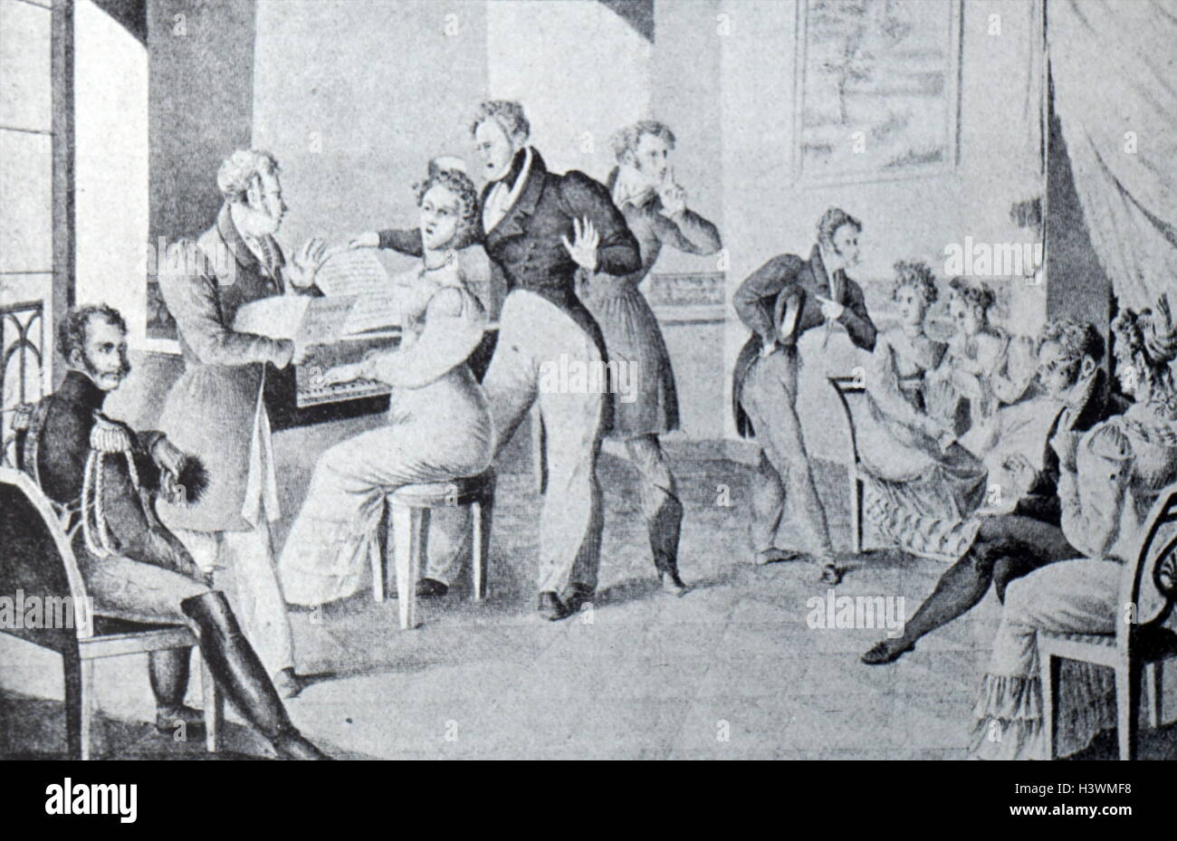 Incisione raffigurante un classico delle prestazioni musicali all'interno di qualcuno della casa. Datata xviii secolo Foto Stock