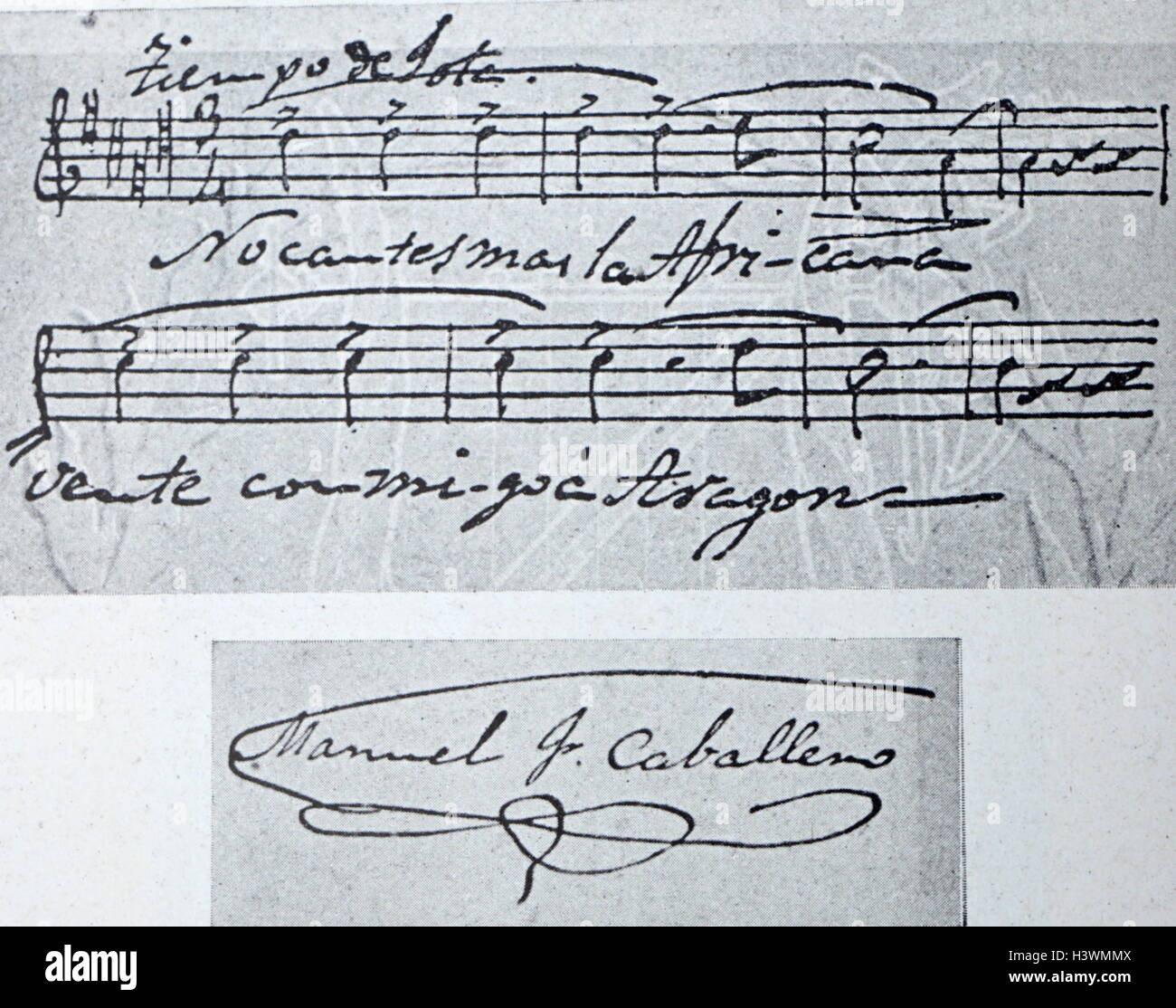Foglio di musica e autografo di Manuel Fernández Caballero (1835-1906) un compositore spagnolo. Datata del XIX secolo Foto Stock
