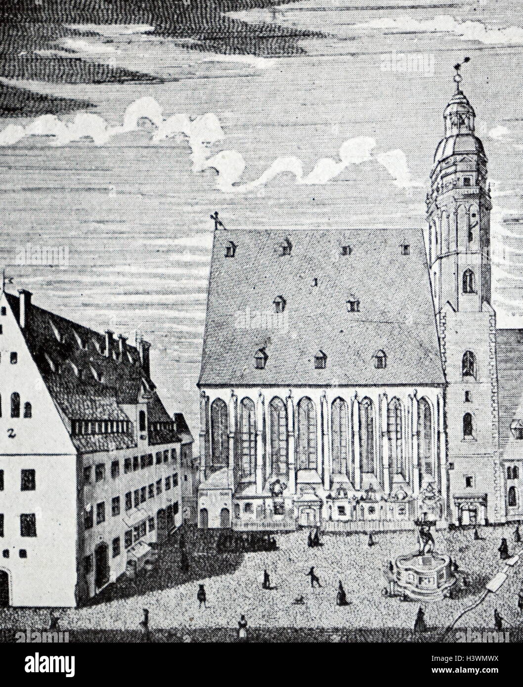Incisione di St. Thomas Church, Lipsia, una chiesa luterana di Lipsia, in Germania. Datata XVI Secolo Foto Stock