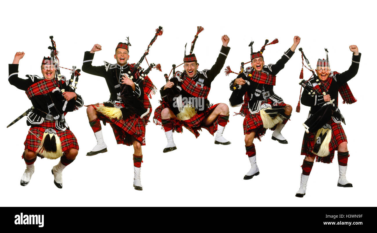 Gli scozzesi, cornamusa, cappero, gesto, gioia, allietarla concetti, Scozia, uomini, musicisti, cinque, musica, cornamuse, vestiti, tradizione, Scot rock, kilt, felice, gioia, crack, ridere, fuso, studio, tagliate, Foto Stock