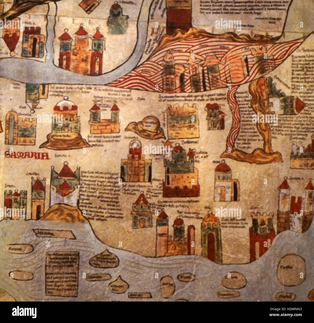 Una dettagliata mappa medievale del mondo come era conosciuto. Datato xiv secolo Foto Stock