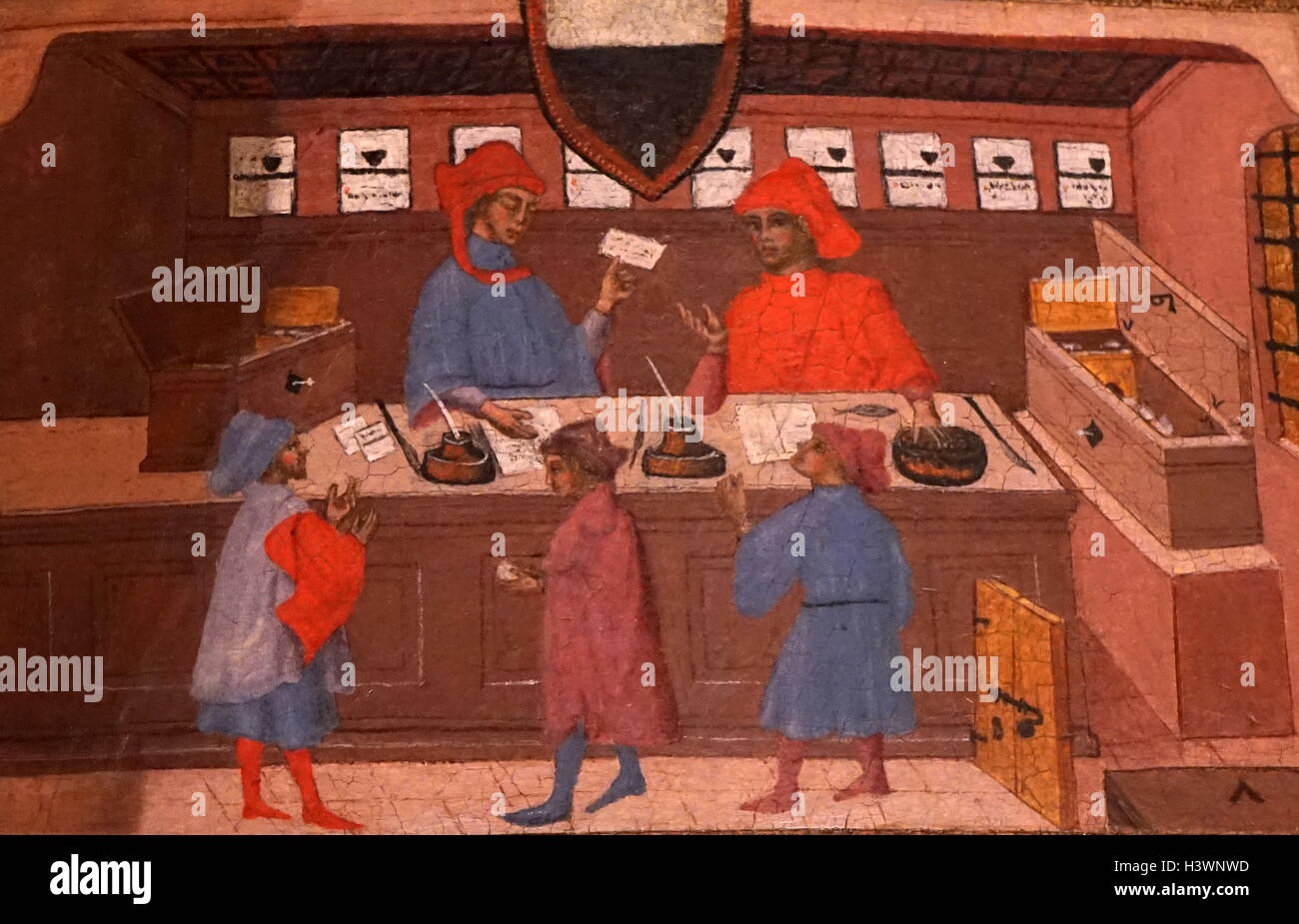 Coperchio per un libretto di conto dalla bottega di Paolo di Giovanni Fei (1345-1411) un pittore di scuola senese. Datato xiv secolo Foto Stock