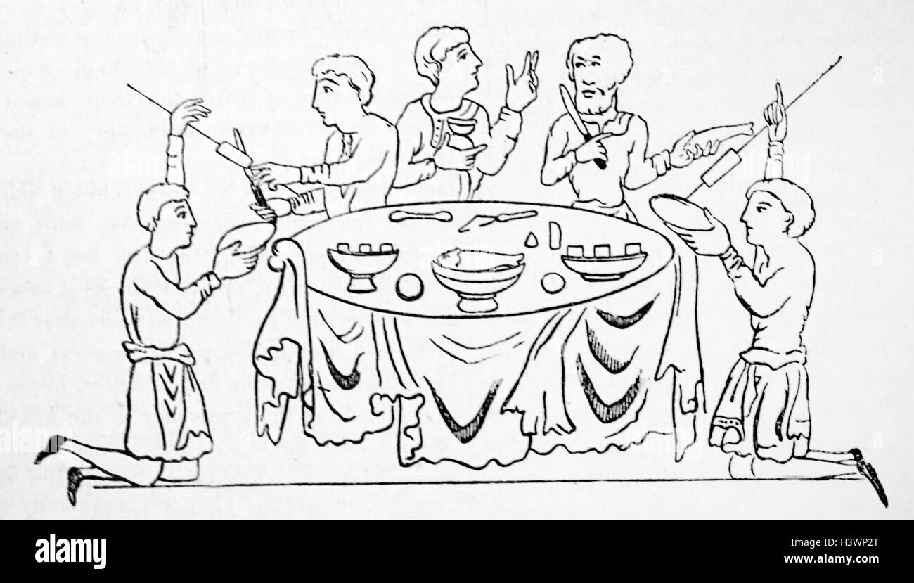 Medievale, nobili spagnoli a mangiare in una festa a cui hanno partecipato da dipendenti. Circa IX secolo Foto Stock