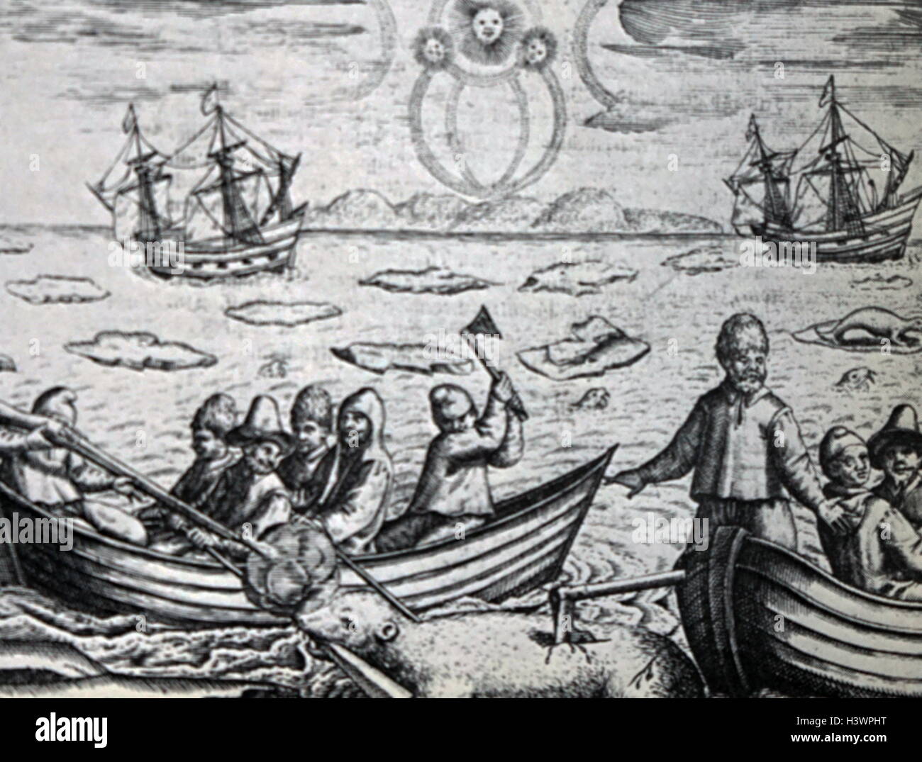 Incisione adottate da Gerrit de Veer (1570-1598) prenota ' tre viaggi di William Barents alle regioni artiche'. Datata XVI Secolo Foto Stock