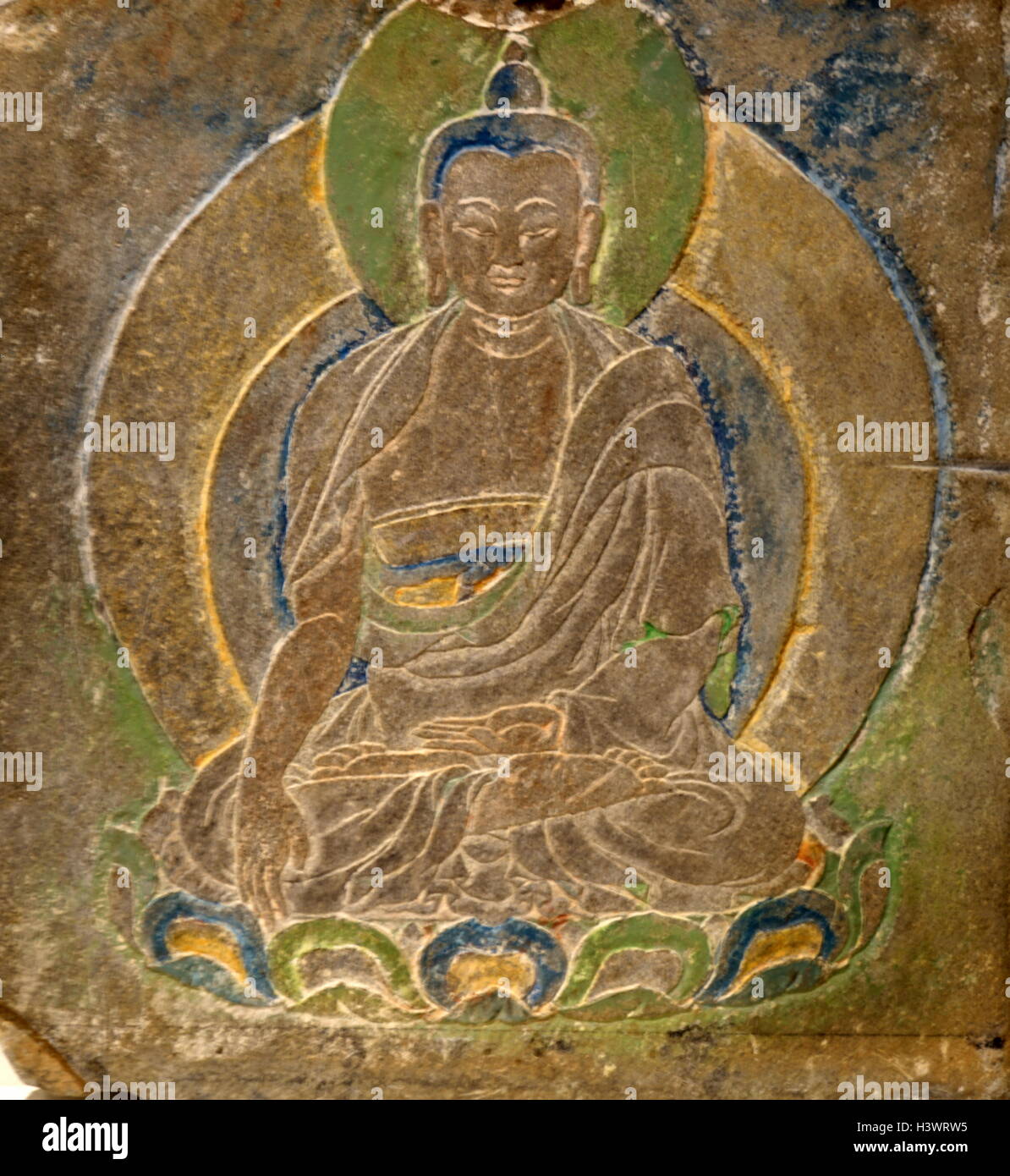 Stele votiva del Buddha Shakyamuni, fondatore della religione buddista. Datato al X secolo Foto Stock