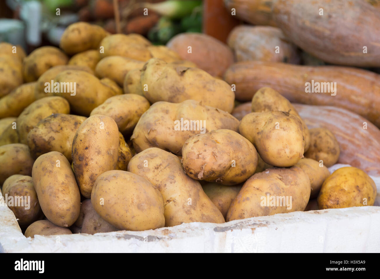 Patate per vendere in un mercato aperto di Hong Kong Foto Stock