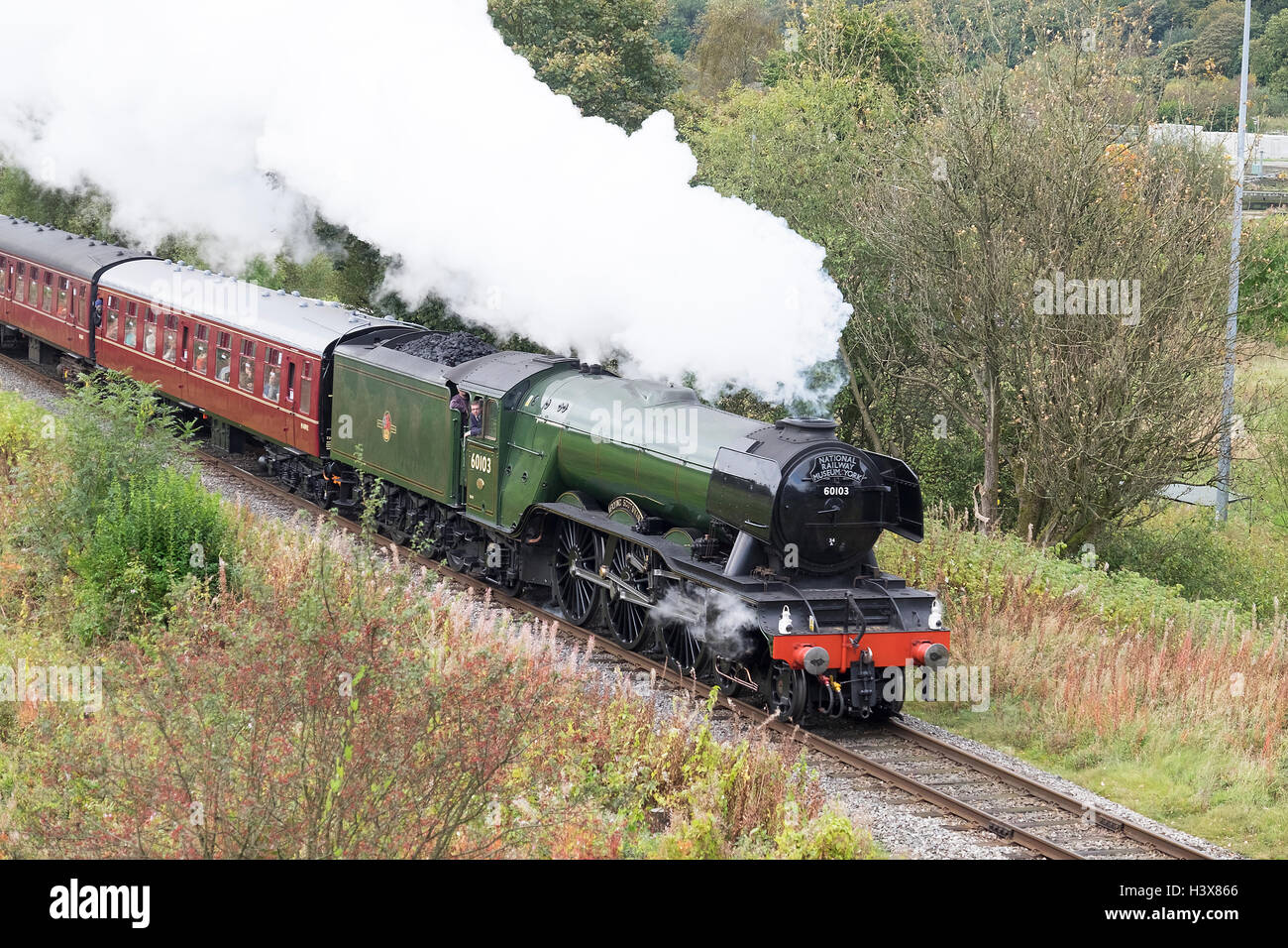 Bury, Regno Unito. Xiii oct, 2016. Famosa in tutto il mondo motore a vapore, Flying Scotsman, ritorna a seppellire per la prima volta poiché le sue prove in gennaio, per tirare i servizi passeggeri. I treni sono completamente prenotato e gli appassionati sono fuori cercando di ottenere un'immagine. visto qui uscire Irwell Vale Credito: Neil Porter / Alamy Live News Foto Stock