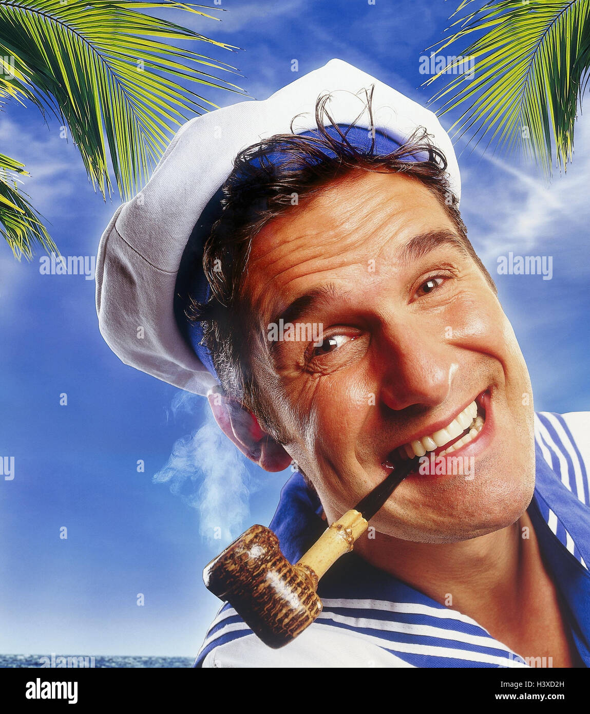 Palm Beach, marinaio, gioco del viso, fischio, fumo, ritratto, professioni studio, tagliate, sorpresa, fumatore, tubo fumatore, composizione Foto Stock