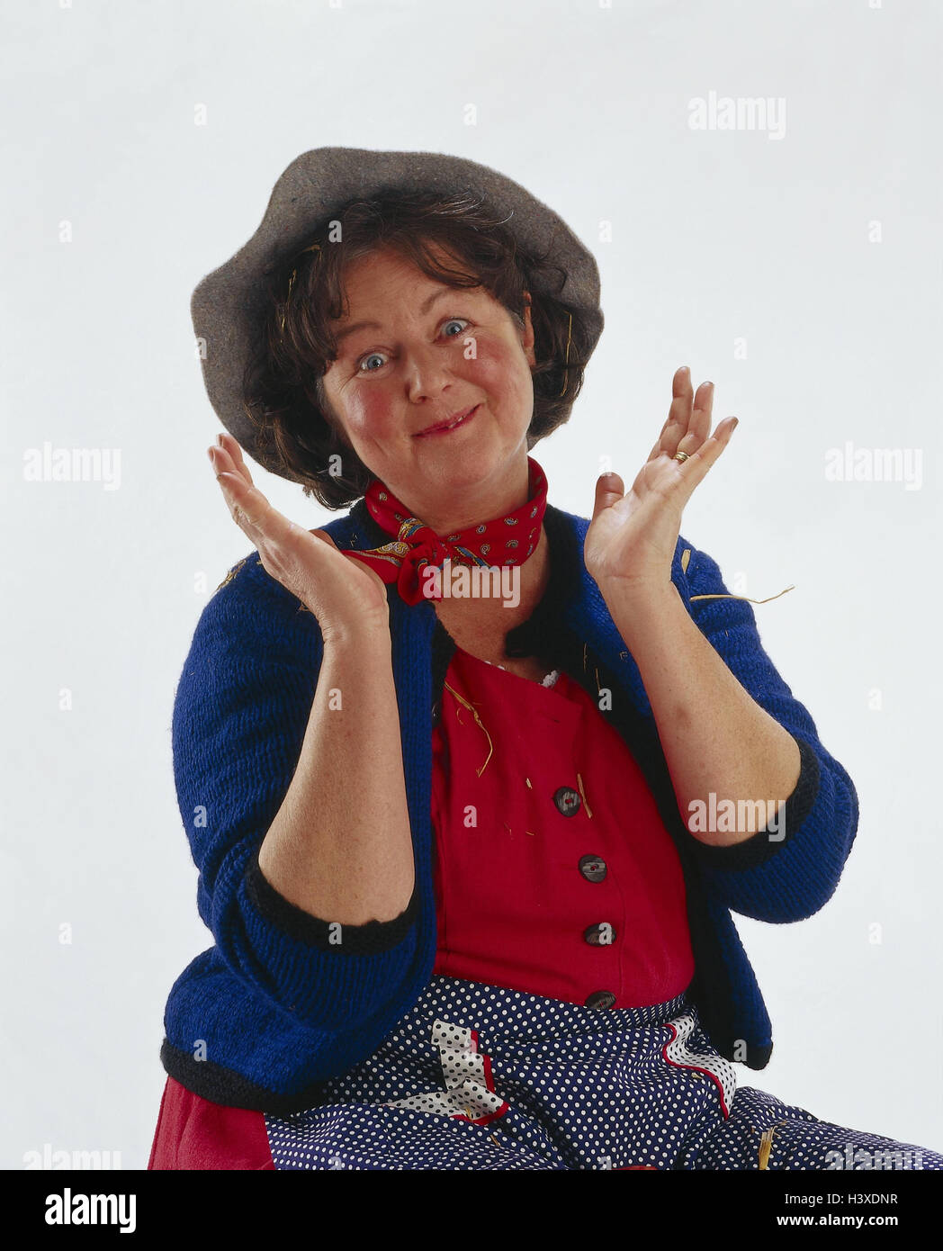 Giardiniere, sit gesto, la gioia di vedere di nuovo, professioni, studio, tagliate, agricoltore, donna medio persona vecchia, agricoltore, sorprese, gioia, sorpresa, Foto Stock