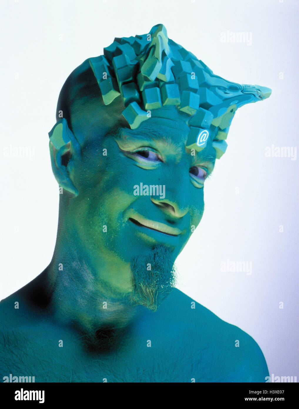 Diavolo, icona, virus informatico, ritratto, uomo, Internet, virus, carenza di sicurezza, hacker, criminalità informatica, computer reato penale, pericolo, astuzia, diabolically tagliate, Sly, perfidiously, comunemente, craftily, perfidamente, uomo, corna, computer pulsanti, Foto Stock