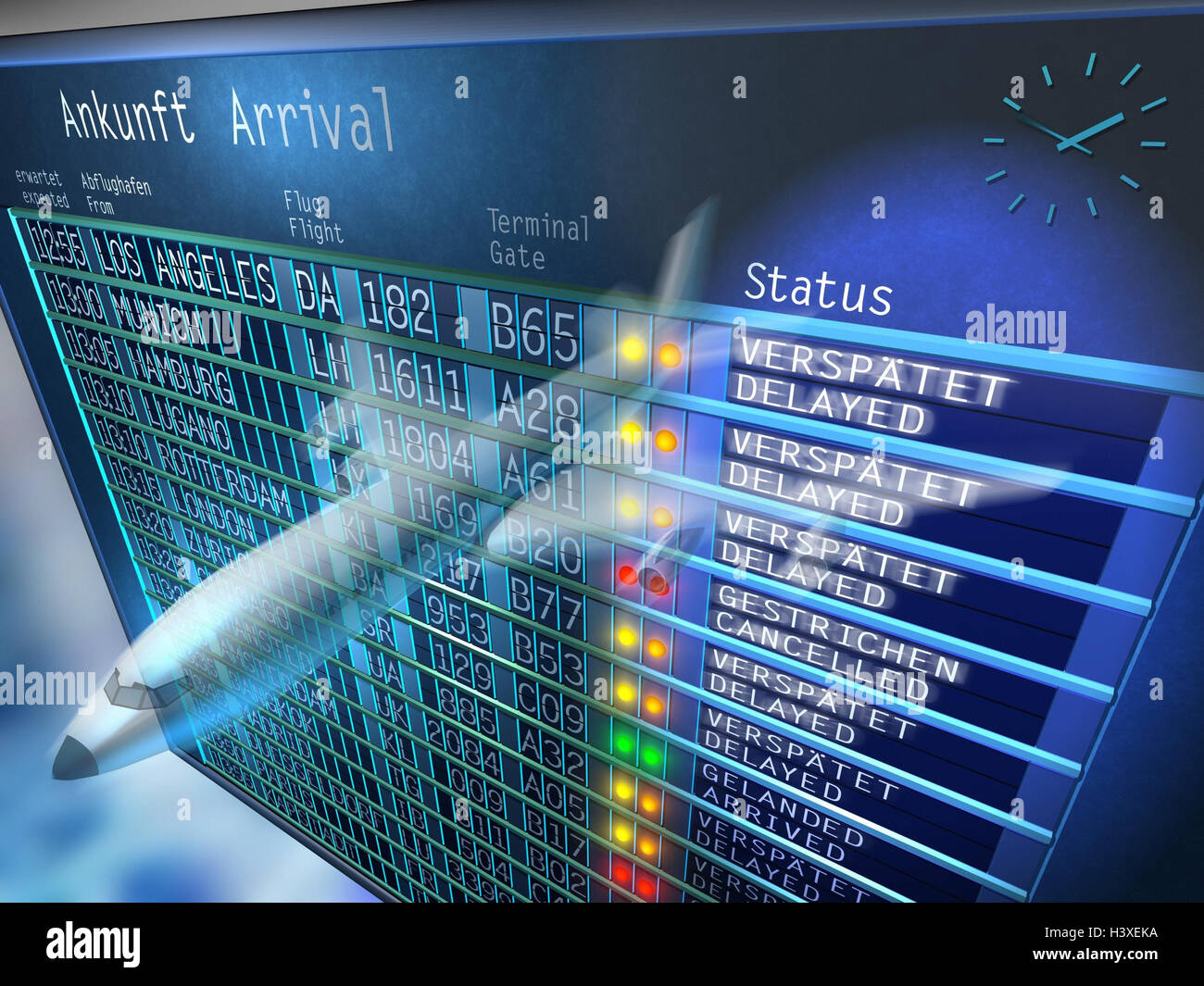 La composizione, aeroporto, pannello indicatore dati di volo, aereo, information board, informazioni, arrivi, il traffico aereo, del traffico aereo, vacanze, viaggi all'estero, il viaggio in aereo, ritardo, arrivo Foto Stock