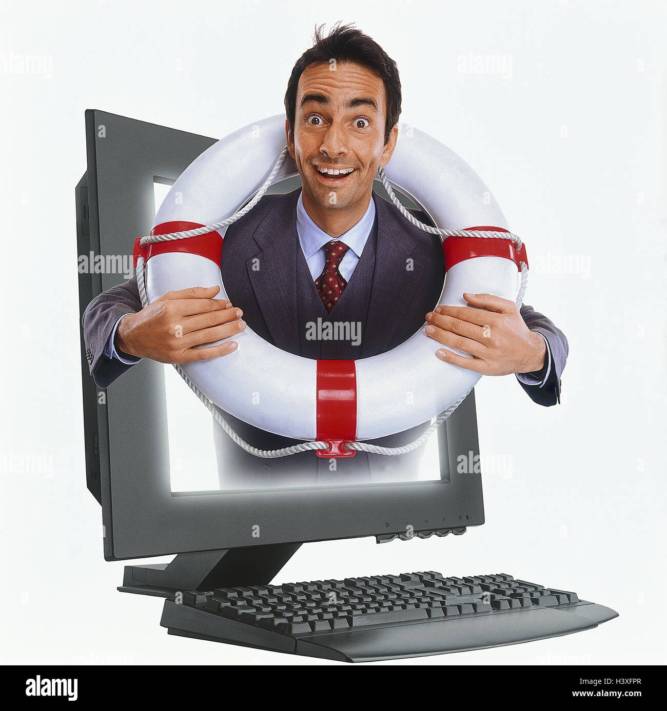 Computer, imprenditore, lifebelt, icona, Internet, help help, utilizzare, errore di sistema, sistema di sicurezza, backup, assistenza, protezione dati utili, utilmente, sicurezza, salvare, aiuto, monitor, Ingegneria della sicurezza, dispositivo di sicurezza, ritagli Foto Stock